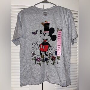 Gray mickey mouse t shirt with flowers stitched in new with tags